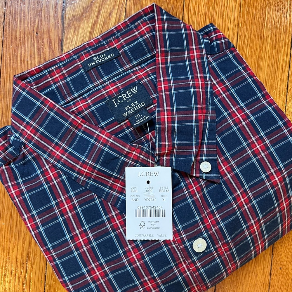 J. Crew Slim Untucked Flex Washed Men's Red and Blue Plaid Shirt Size XL